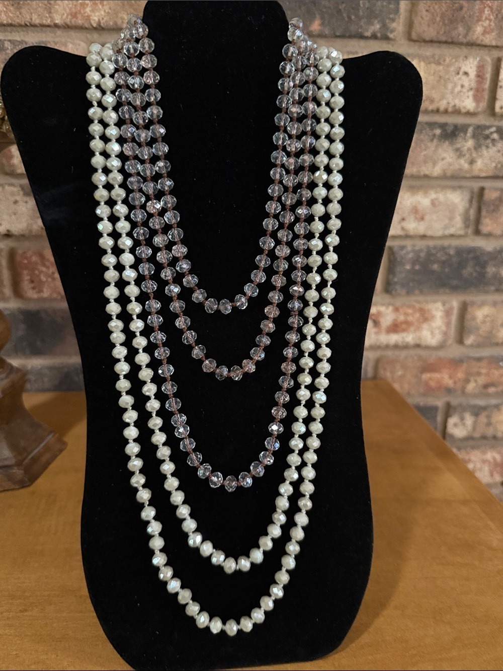 Long 62โ glass beaded necklaces clear and light gray